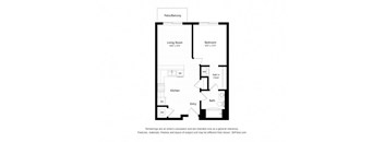 A floor plan of a small apartment with a living room, kitchen, bedroom, and bathroom.