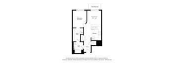 A floor plan of a home with a living room, kitchen, bath, and bedroom.