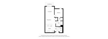 A floor plan of an apartment with a living room, dining room, kitchen, and bedroom.