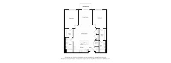 A black and white floor plan of a house with a kitchen, dining room, living room, and bedrooms.