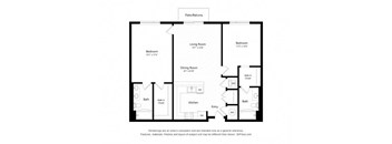 A black and white floor plan of a house with a living room, dining room, kitchen, and two bedrooms.