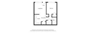 A black and white drawing of a house layout with a living room, dining room, kitchen, and bedroom.