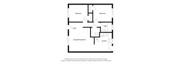 A floor plan of a house with two bedrooms, a living/dining room, a kitchen, and a bathroom.