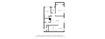 A black and white drawing of a house layout with a living room, dining room, kitchen, and three bedrooms.
