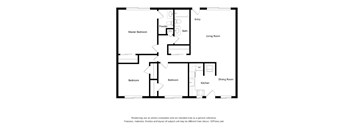A black and white drawing of a house layout with a living room, dining room, kitchen, and three bedrooms.
