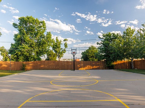 A basketball court with a wooden fence and trees in the background.