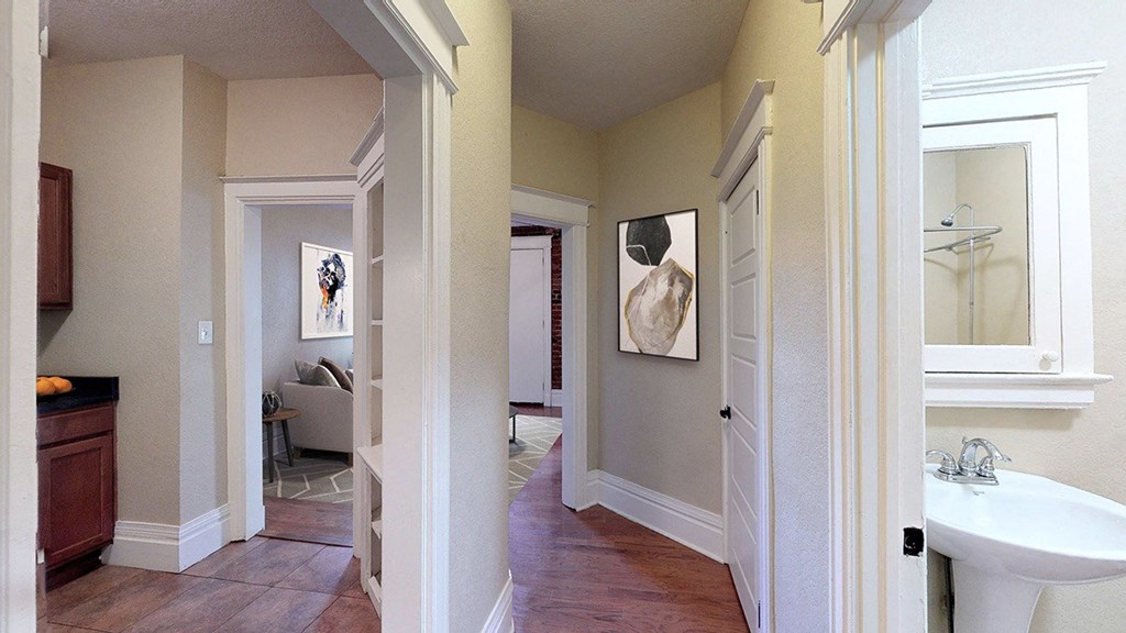 a full view of a bathroom with a sink and a mirror