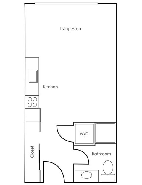 A drawing of a floor plan of a house with a kitchen, bathroom and living area.