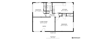 A floor plan of a house with a living room, two bedrooms, a kitchen, a hallway, and a closet.