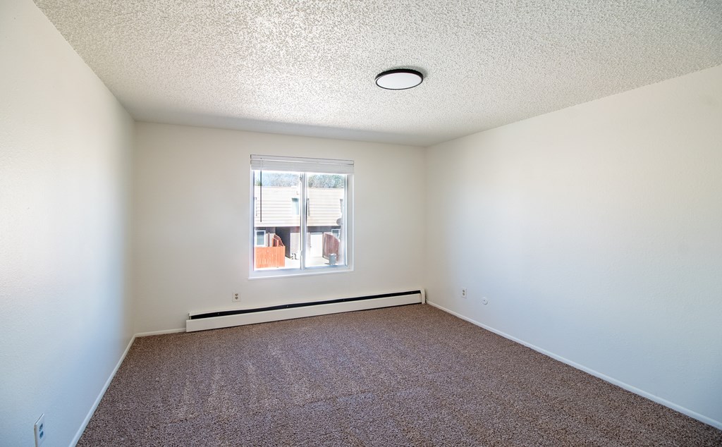 A room with a window and carpeted floor.