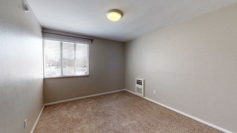 A room with a window and a carpeted floor.