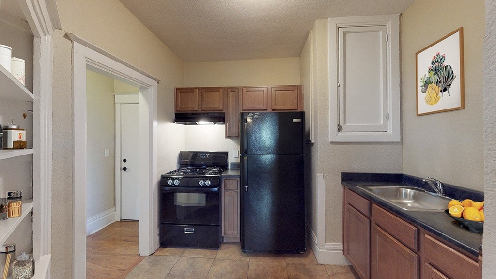 a kitchen with black appliances and a sink and a refrigerator
