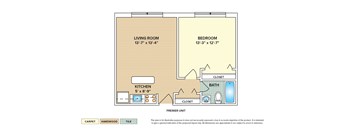 1 Bedroom Junior garden apartment floor plan with 1 bedroom and 1 bath