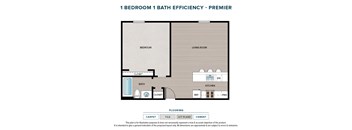 A floor plan of a 1 bedroom 1 bath efficiency premier apartment.