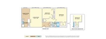 2 Bedroom garden apartment floor plan with 2 bedrooms and 1 bath