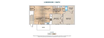 A drawing of a 2 bedroom 1 bath house plan.