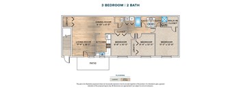 A floor plan of a 3 bedroom 2 bathroom apartment.
