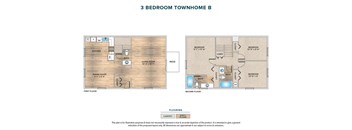 A floor plan of a 3 bedroom townhouse with a kitchen, dining room, and two bathrooms.