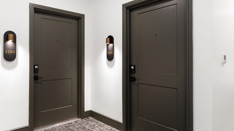 Two dark brown doors with gold numbered locks.
