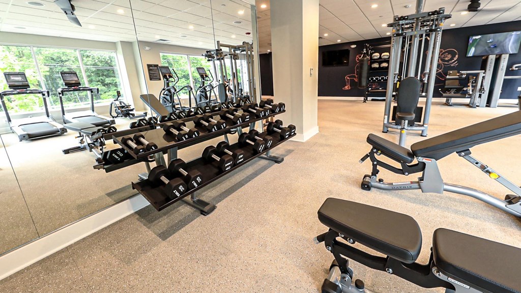 a gym with weights and other equipment in a building with windows