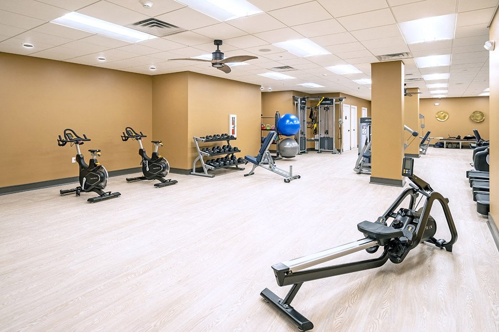 a gym with weights and exercise balls on the floor and a ceiling fan