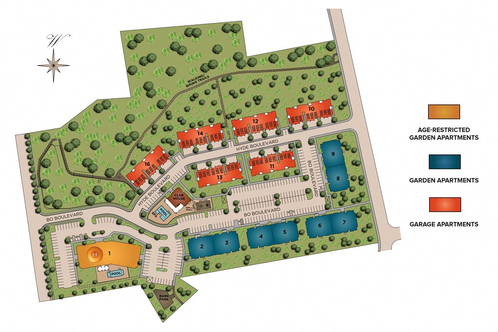 a site plan of a development with lots of buildings and trees