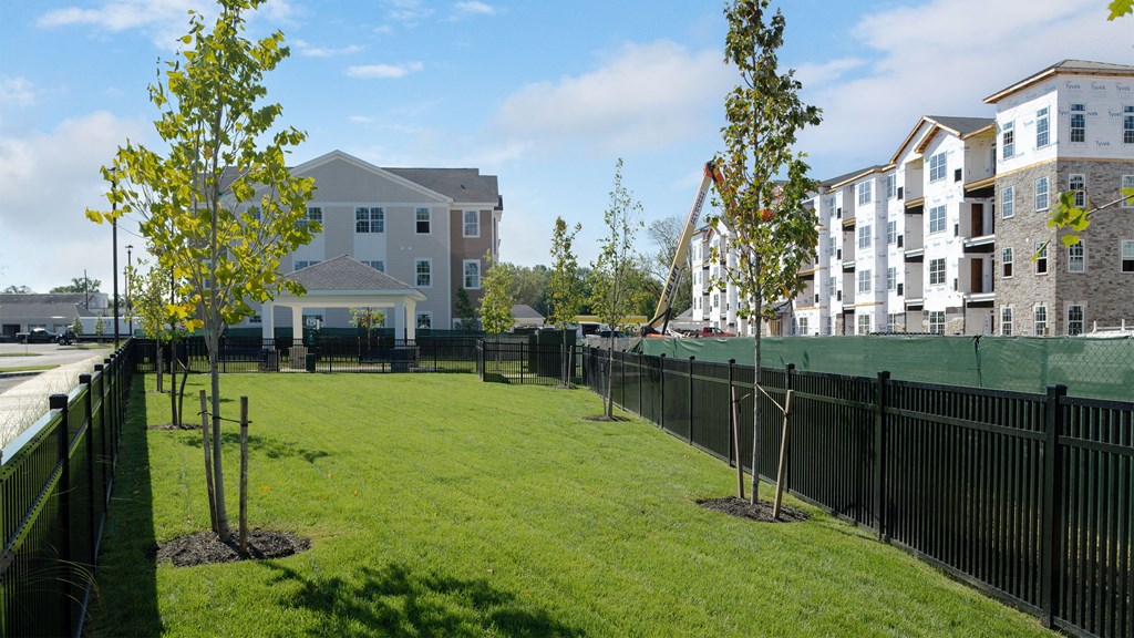 a yard with trees and a fence in front of apartment buildings
