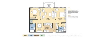 The Barrymore 55+ active adult apartment floor plan with 2 bedrooms, 2 baths, and a patio/balcony