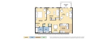 The Cassatt 55+ active adult apartment floor plan with 2 bedrooms, 2 baths, and a patio/balcony