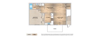1-Bedroom apartment floor plan with 1 bedroom, 1 bath, and a patio/balcony
