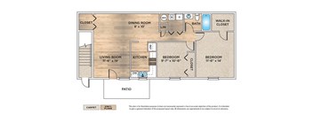 2-Bedroom apartment floor plan with 2 bedrooms, 1 bath, and a patio/balcony