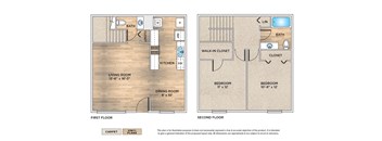 2-Bedroom townhome floor plan with 2 bedrooms and 1.5 baths