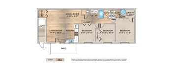 3-Bedroom apartment floor plan with 3 bedrooms, 2 baths, and a patio/balcony