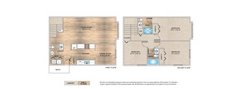 A floor plan of a two-story home with a living room, kitchen, dining room, and two bedrooms.