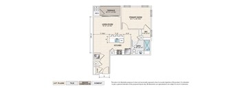 The Amherst (ME-A2) elevator building apartment floor plan with 1 bedroom, 1 bath, and a patio/balcony