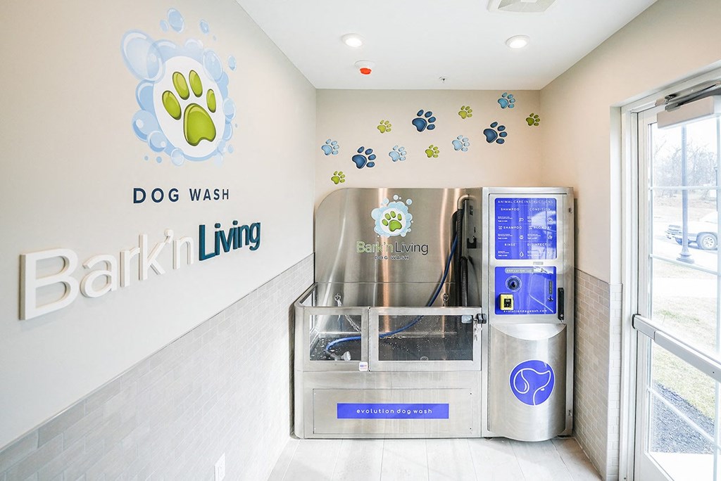 the dog wash kiosk in the lobby of barkin living