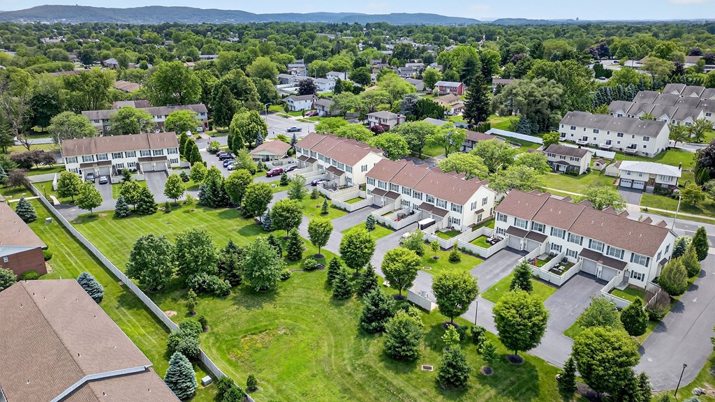 A bird's eye view of a residential area with houses and greenery.