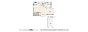 Emerson C garage apartment floor plan with 2 bedrooms, 2 baths, a terrace and 1-car garage
