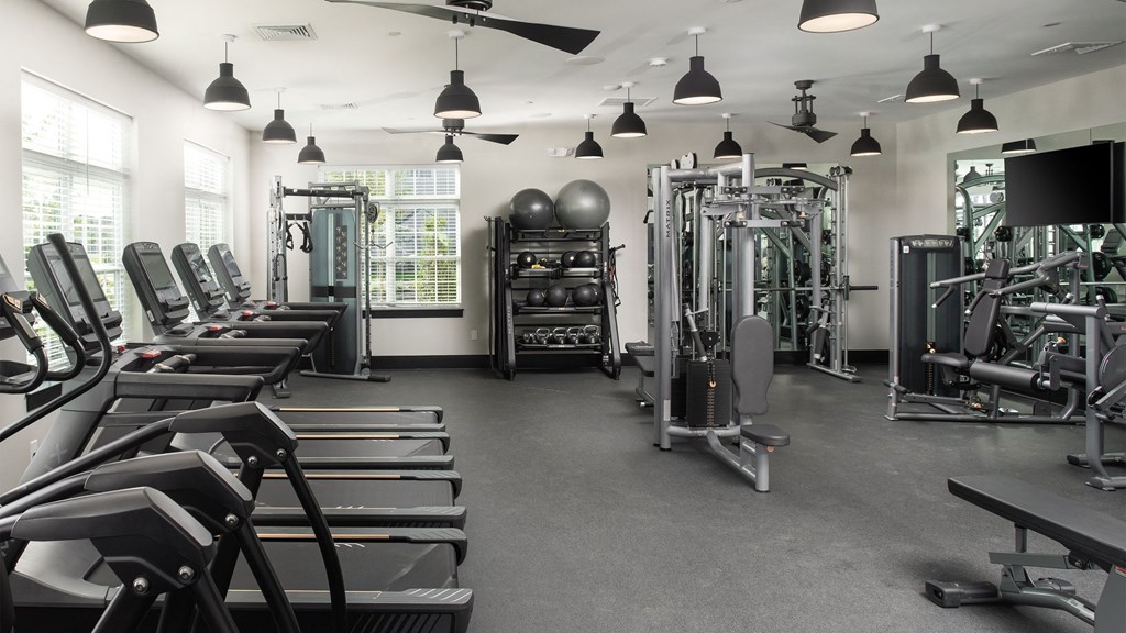 a gym with cardio equipment and weights on the floor
