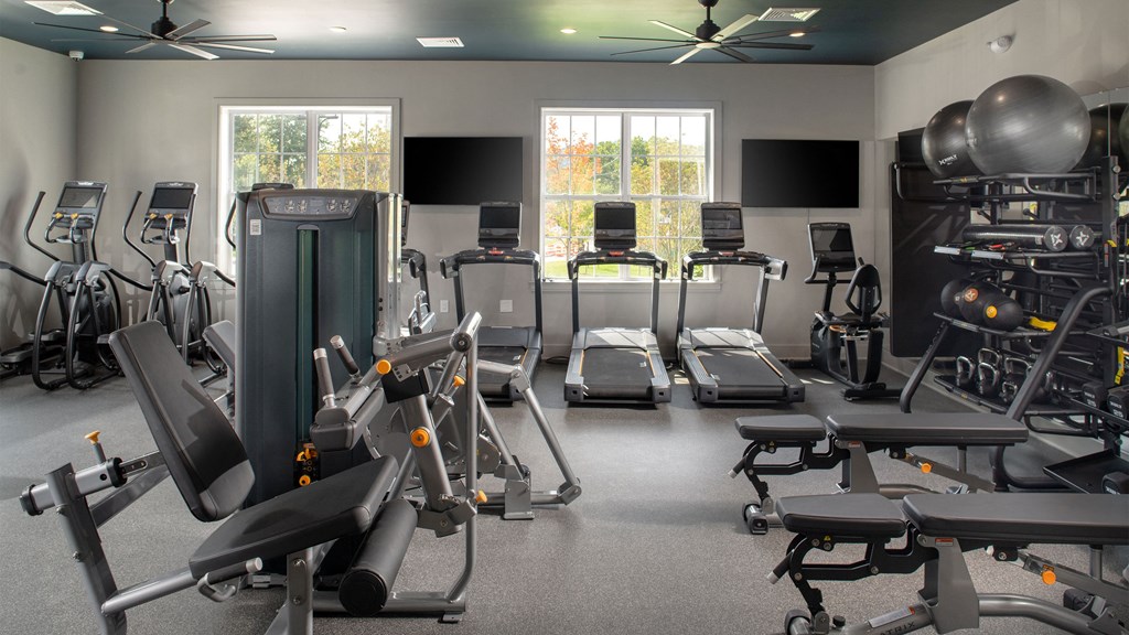 a gym with various exercise machines and weights