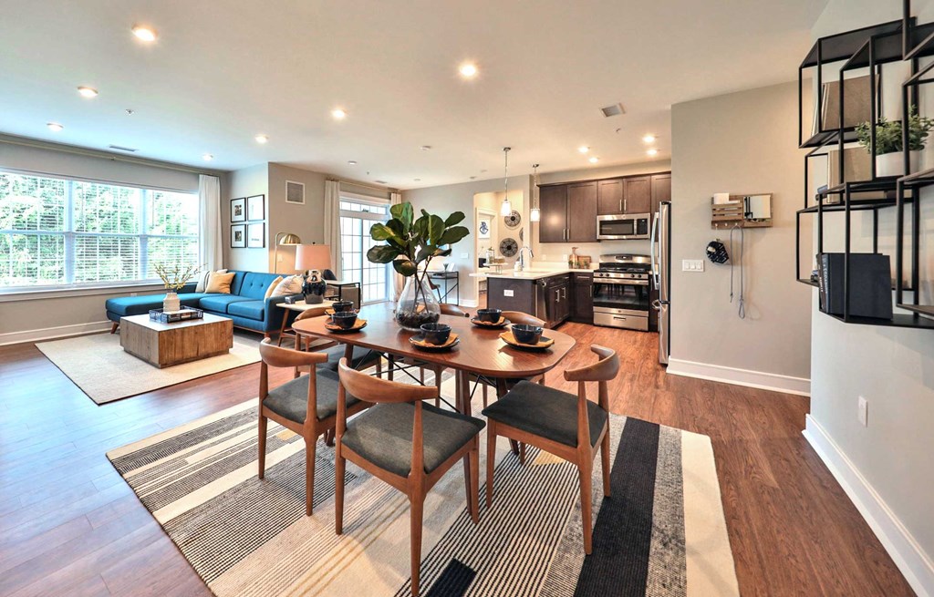 an open living room with a dining room table