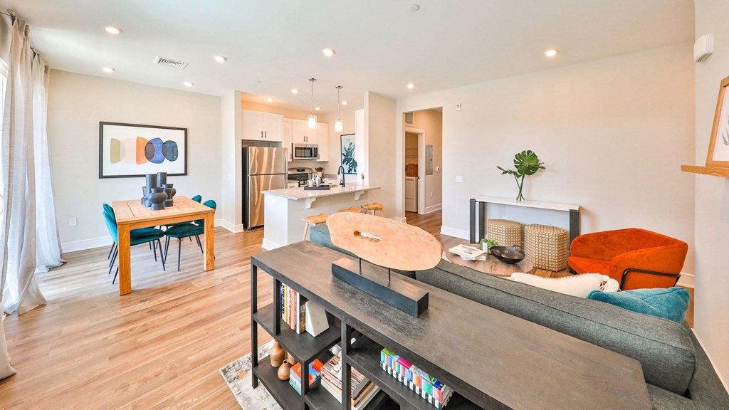 a living room with a couch and a table