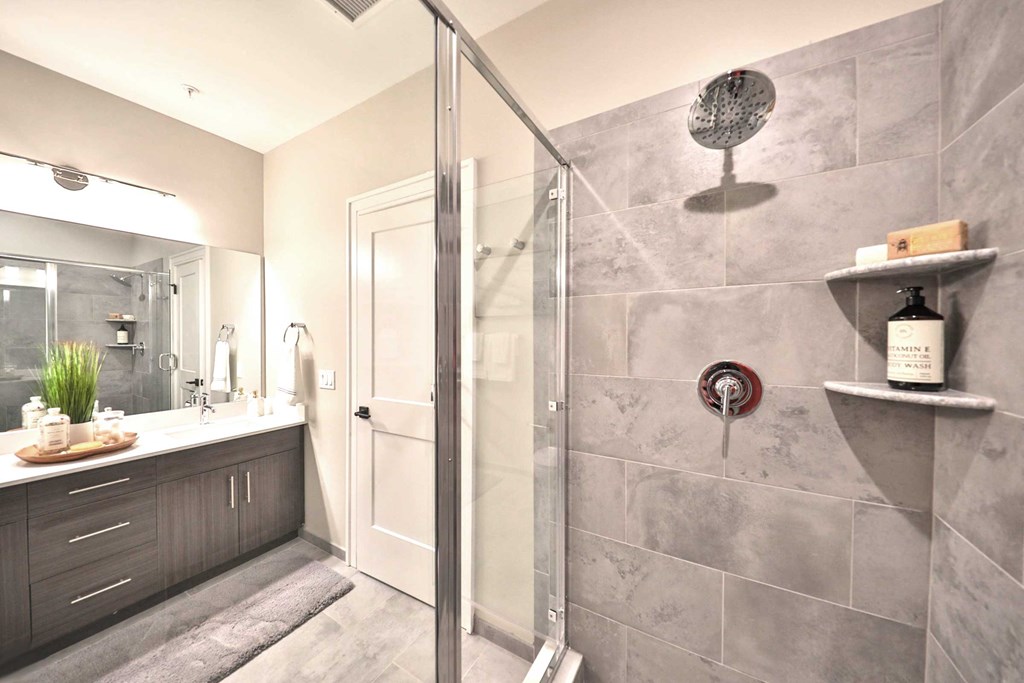 a bathroom with a shower and a sink