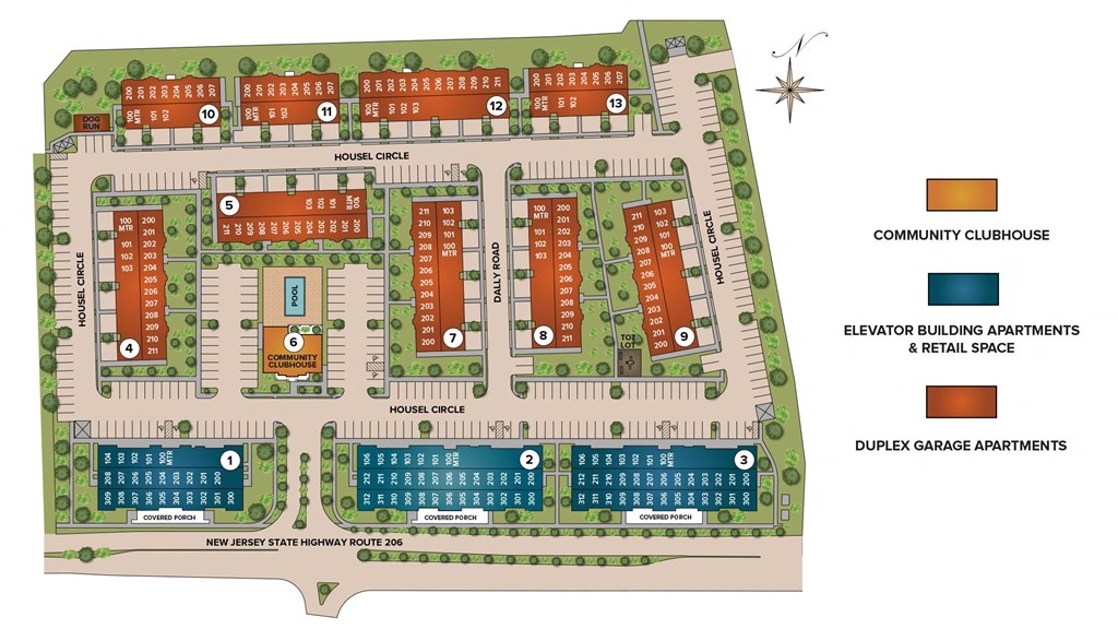 a site plan of a resort layout with a pool and other buildings