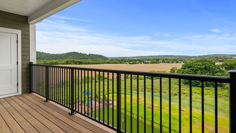 A balcony with a view of a green field and trees.