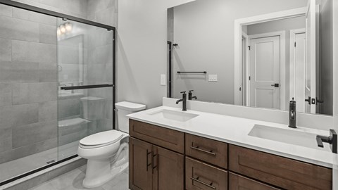 A bathroom with a white toilet, a sink, and a mirror.