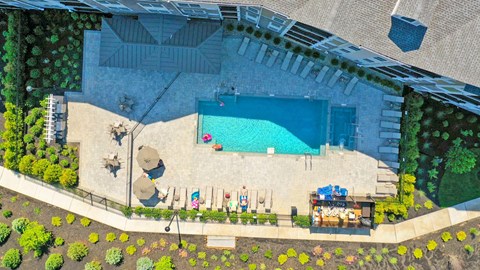 an aerial view of a swimming pool in a garden with patio furniture and a pool