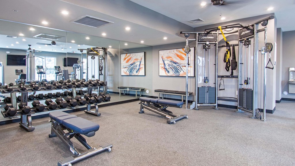a gym with weights and cardio equipment at the preserve at greatstone