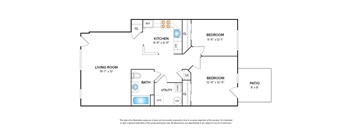 Apartment floor plan with 2 bedrooms, 1 bath and a patio/balcony