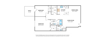 Apartment floor plan with 2 bedrooms, 1.5 baths and a patio/balcony